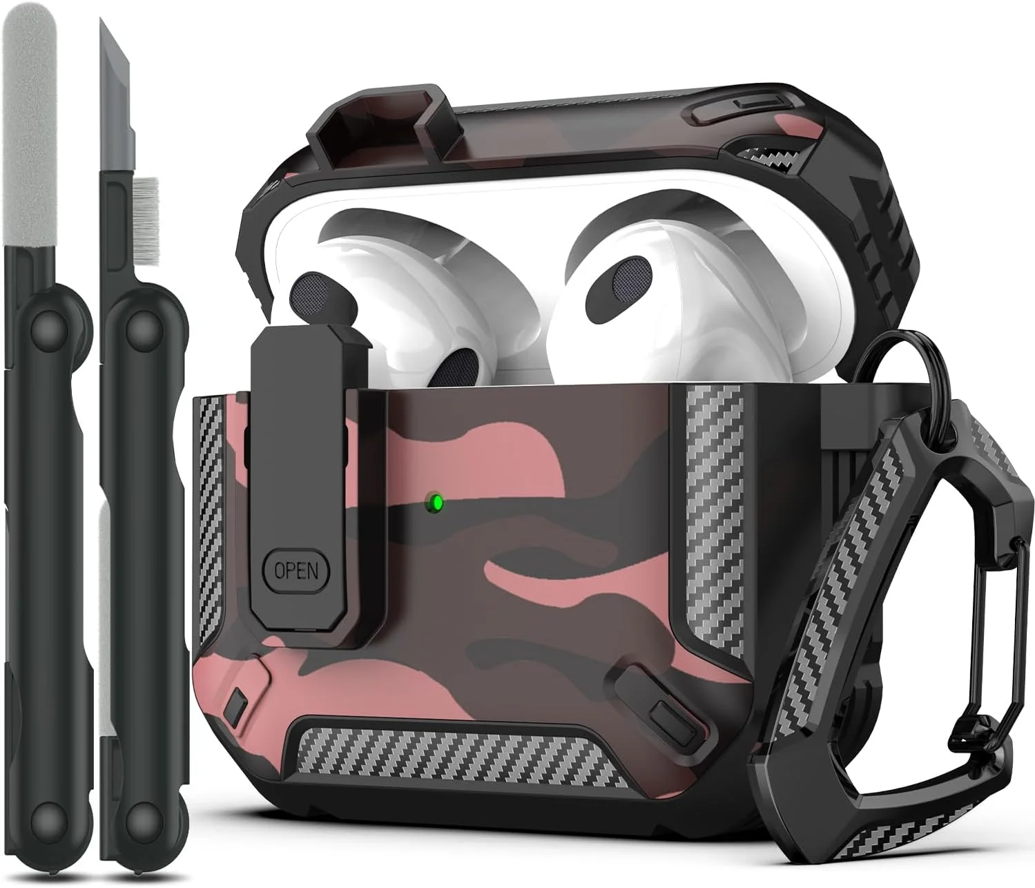 Stoßfeste Hülle für AirPods 3 – Camo Rosa, Karabiner