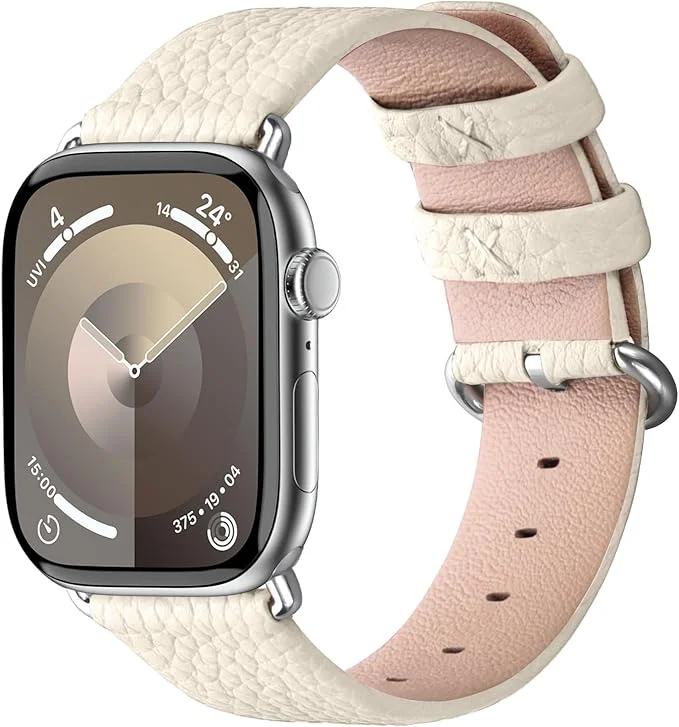 Fullmosa Lederarmband für Apple Watch Ultra 3/2 49mm, iWatch 11/10/9/8/7/6/SE 38–46mm, Creme/Rosa