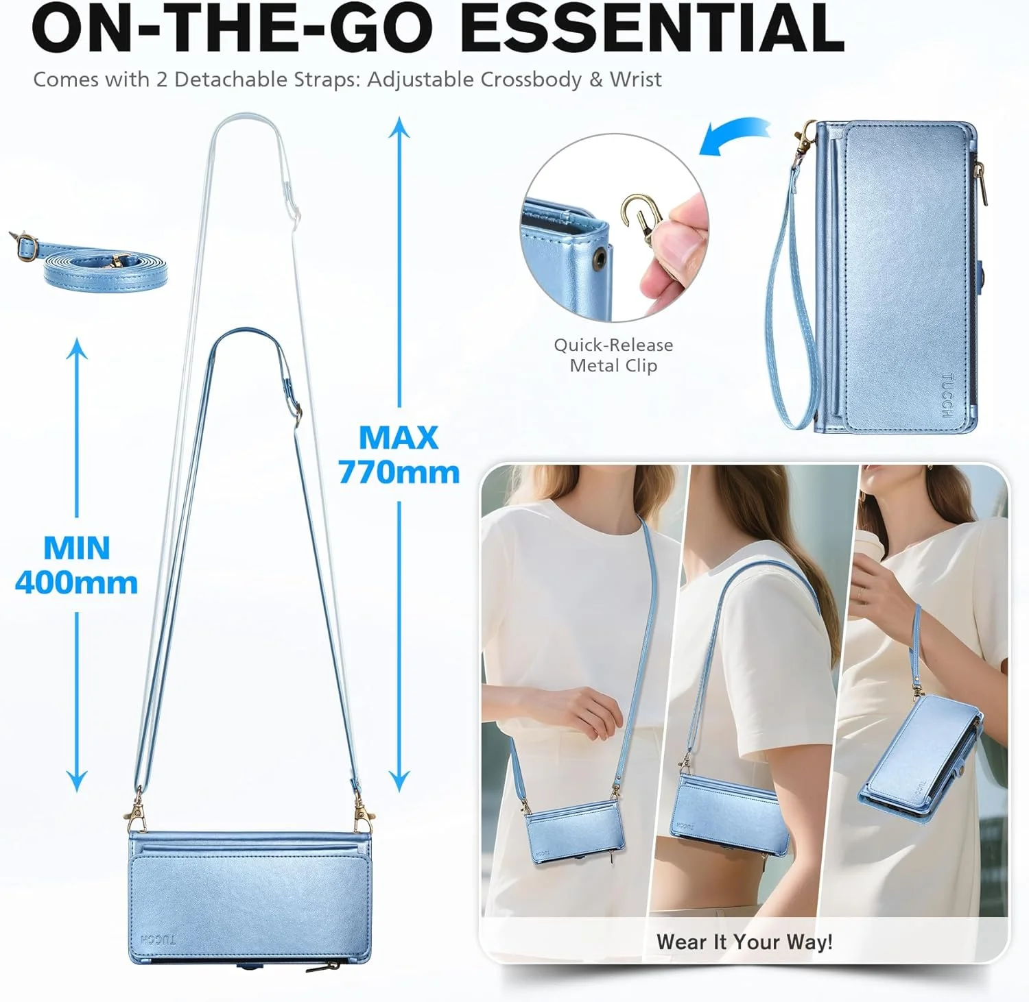Crossbody Wallet Hülle für iPhone 17 Pro Max – Hellblau