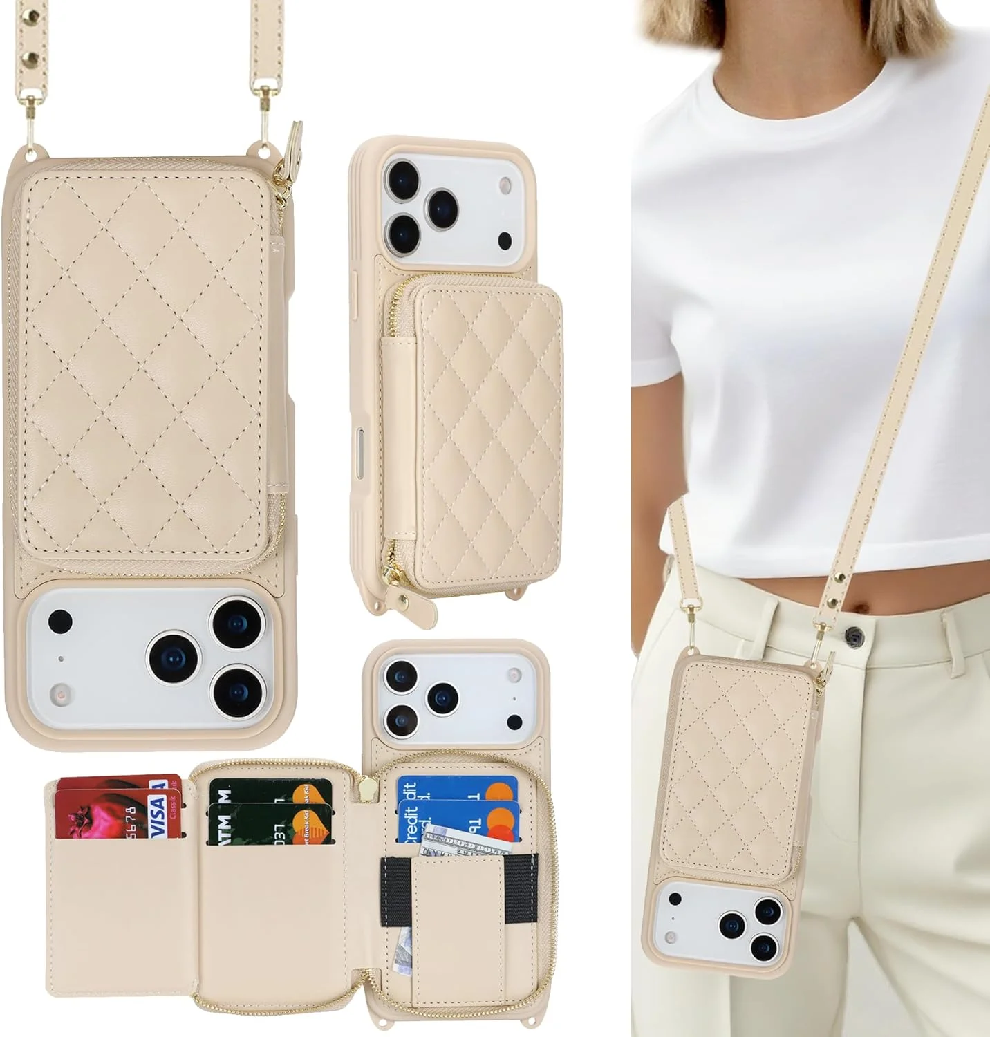 Crossbody Hülle für iPhone 17 Pro Max – Schultergurt, Beige