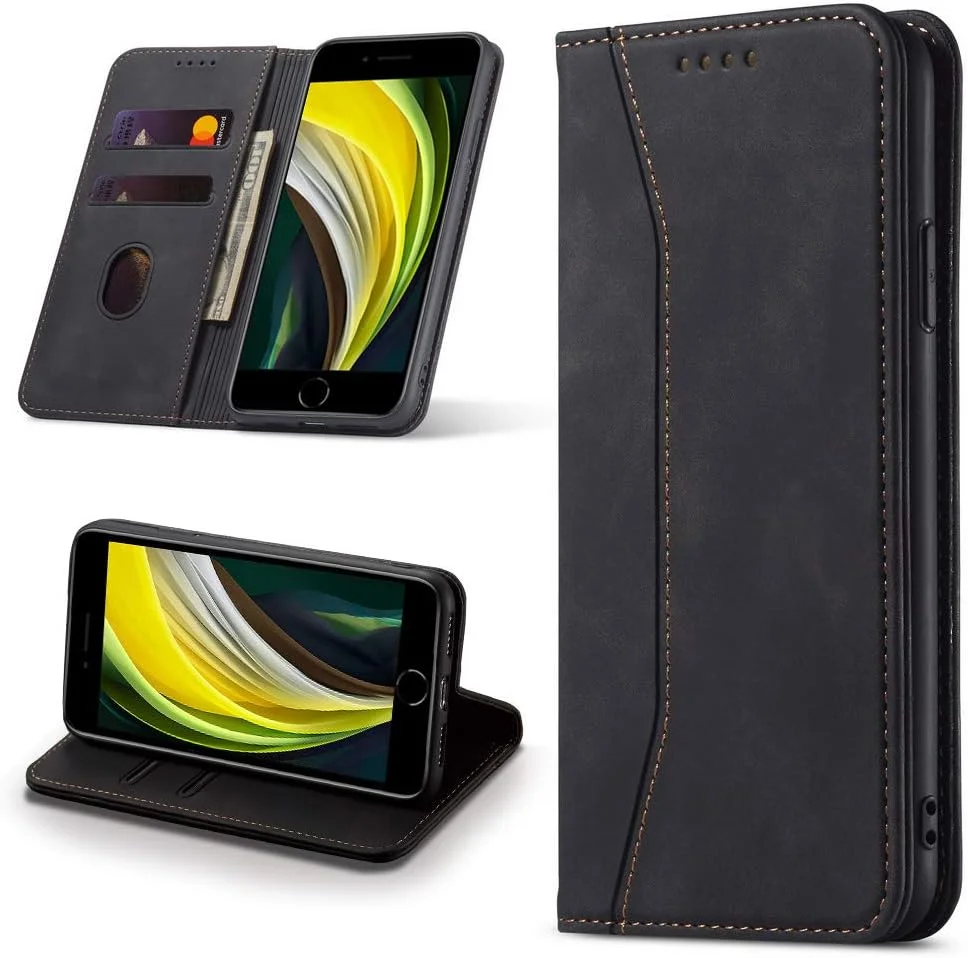 Leder Flip Hülle für iPhone SE 2022 / 8 / 7 – Schwarz