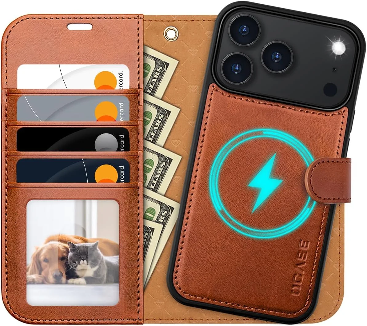 2-in-1 Leder Klapphülle für iPhone 17 Pro Max – Hellbraun