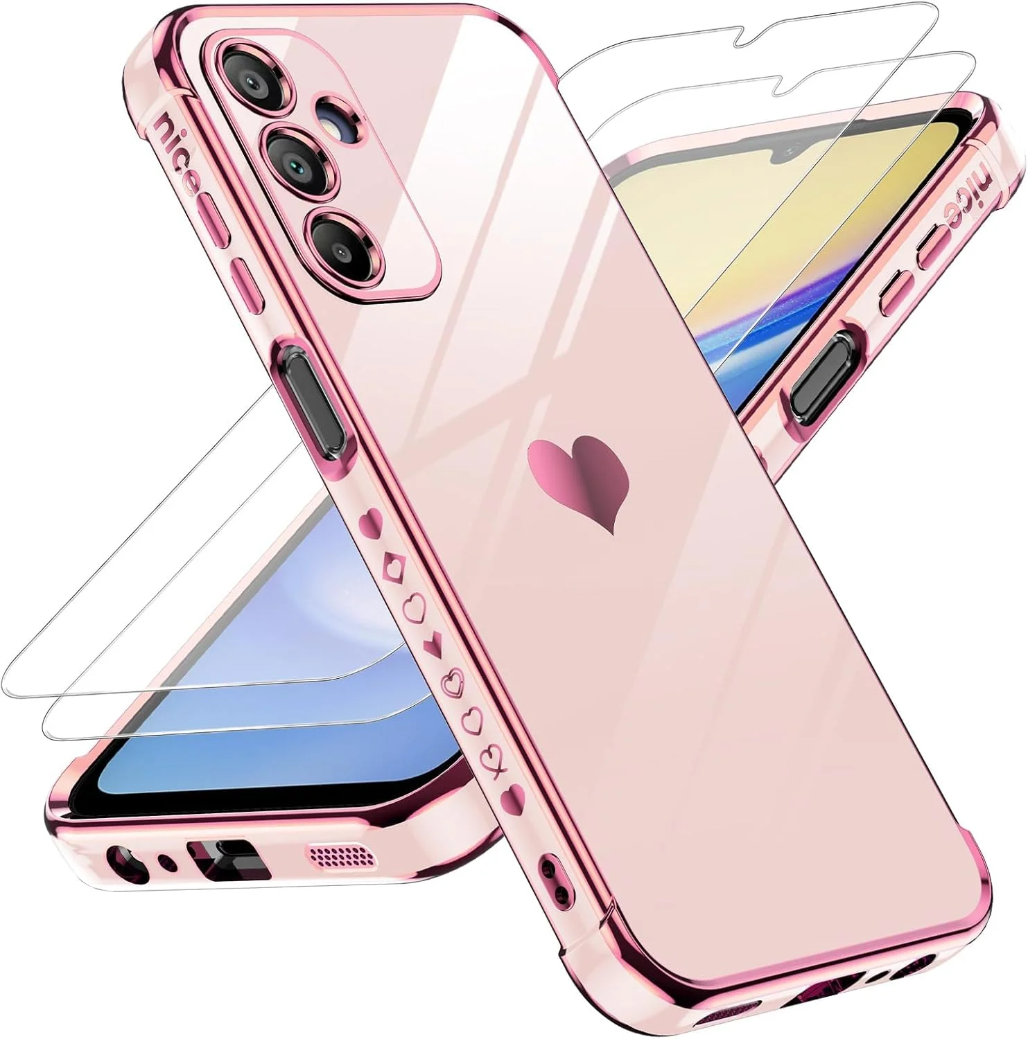 Herz Hülle für Samsung Galaxy A15 4G / 5G – Rosa, 2 Schutzfolie