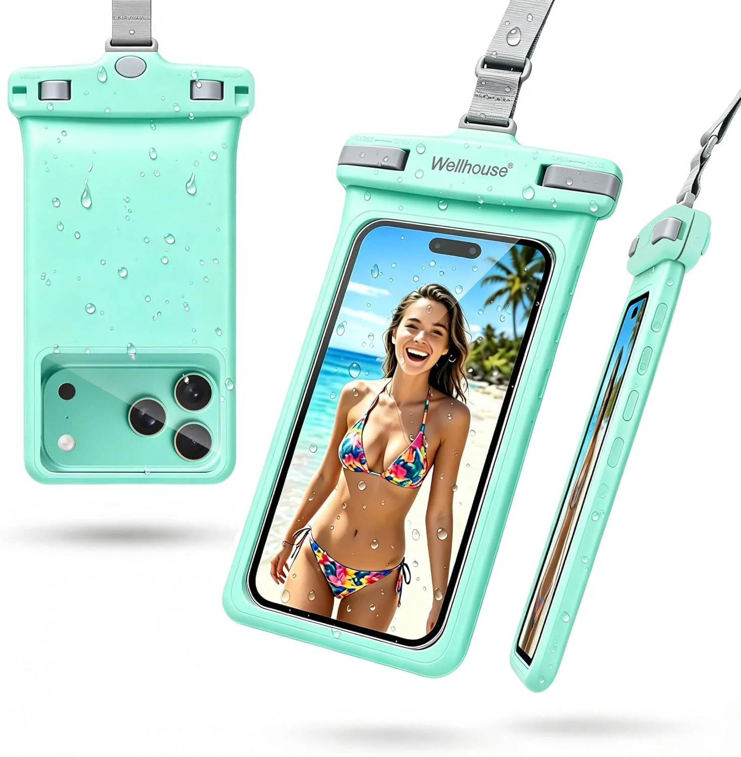 Wasserdichte Handyhülle IPX8 – Lanyard, Crystal Mint