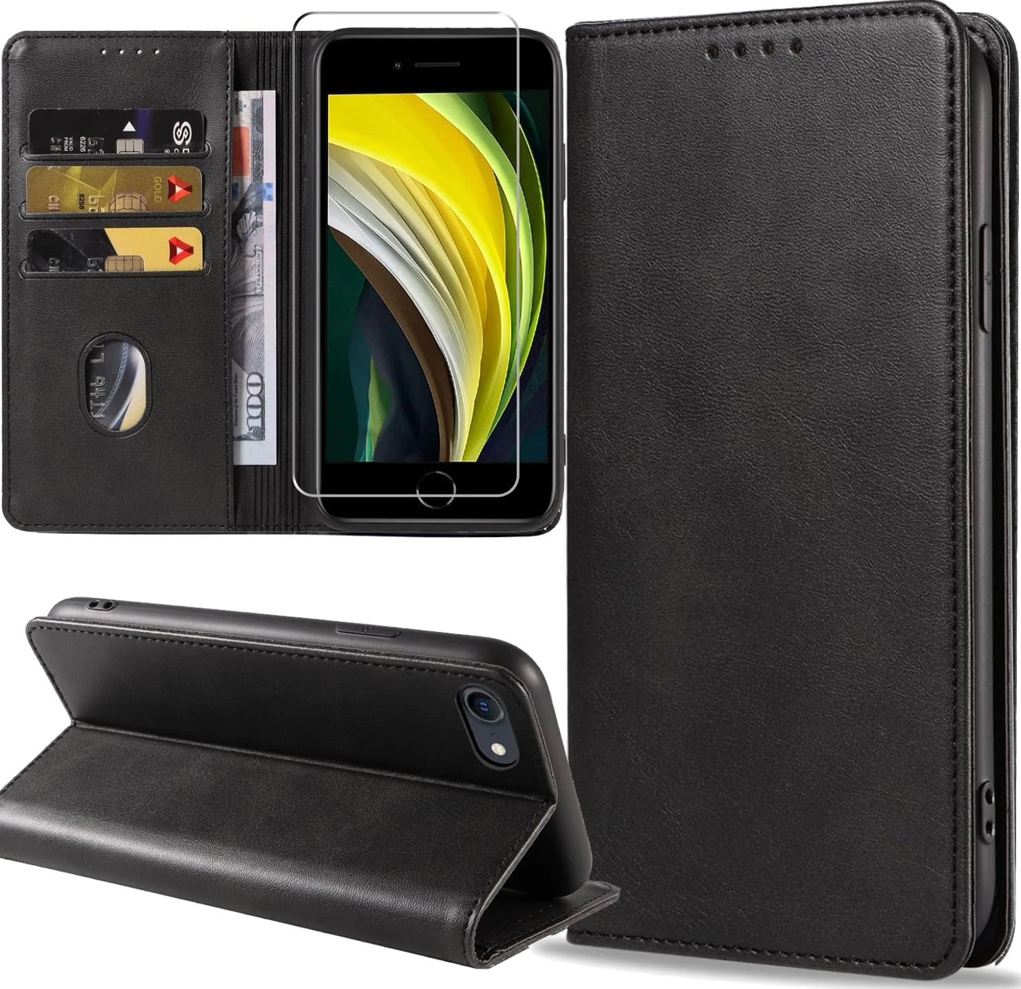 Leder Wallet Flip Hülle für iPhone SE 2022 / 8 / 7 – Schwarz